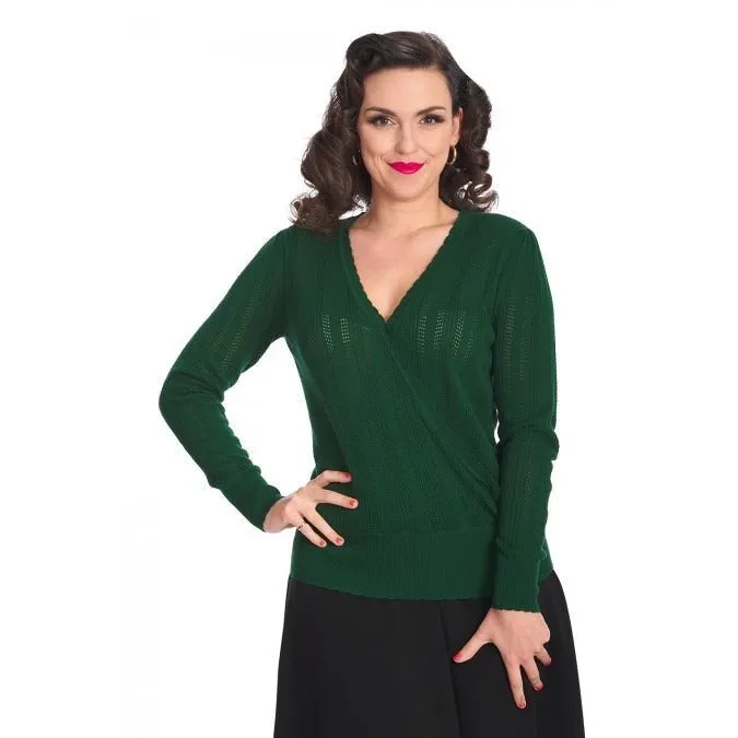 Green Vintage Long Sleeve Knitted Wrap Effect Top