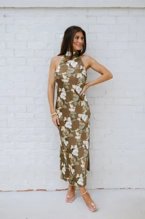 Halter Neck Maxi Dress-Brown