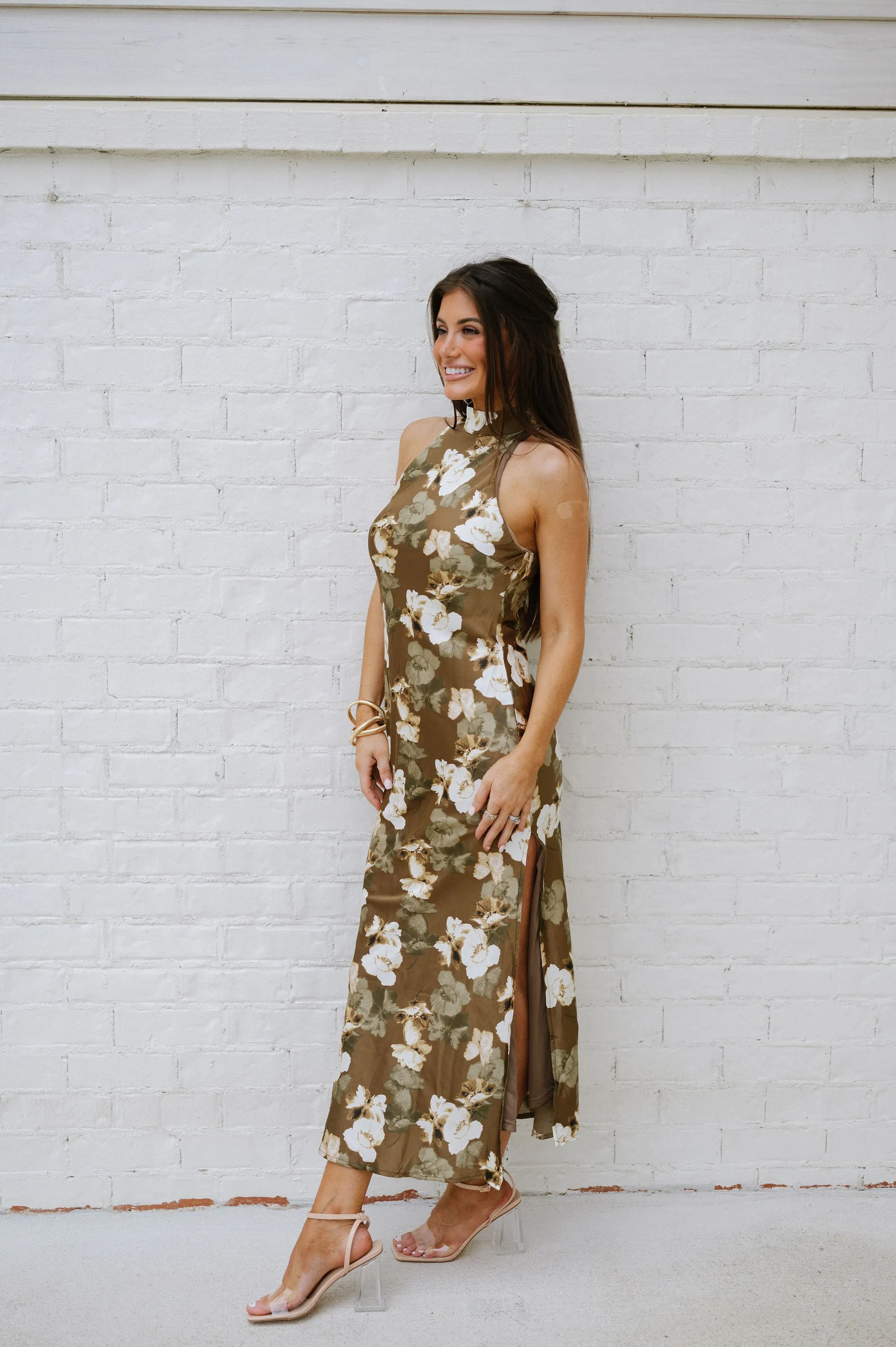 Halter Neck Maxi Dress-Brown