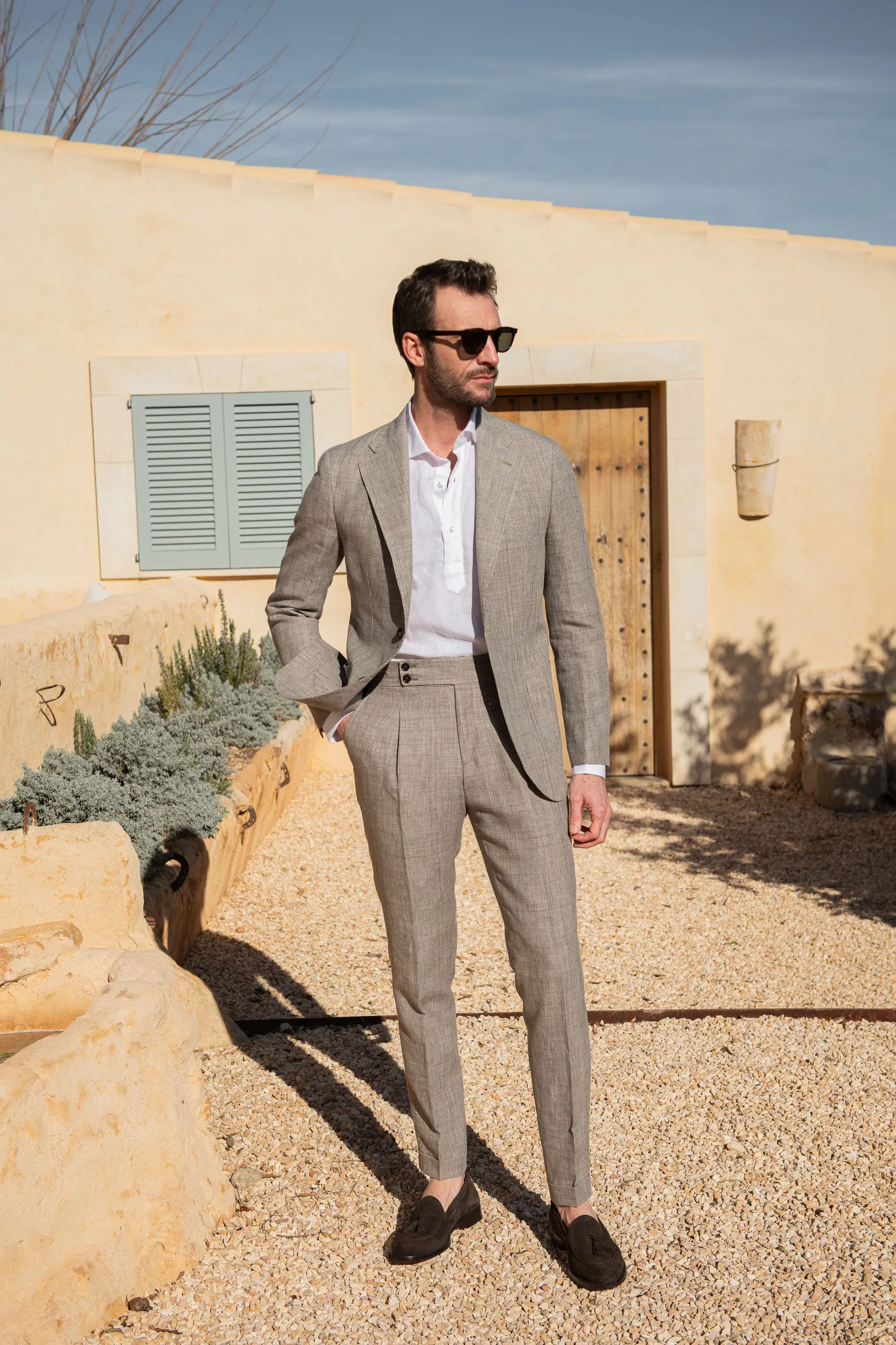 Hazelnut Prince of Wales wool and linen suit - Made in Italy