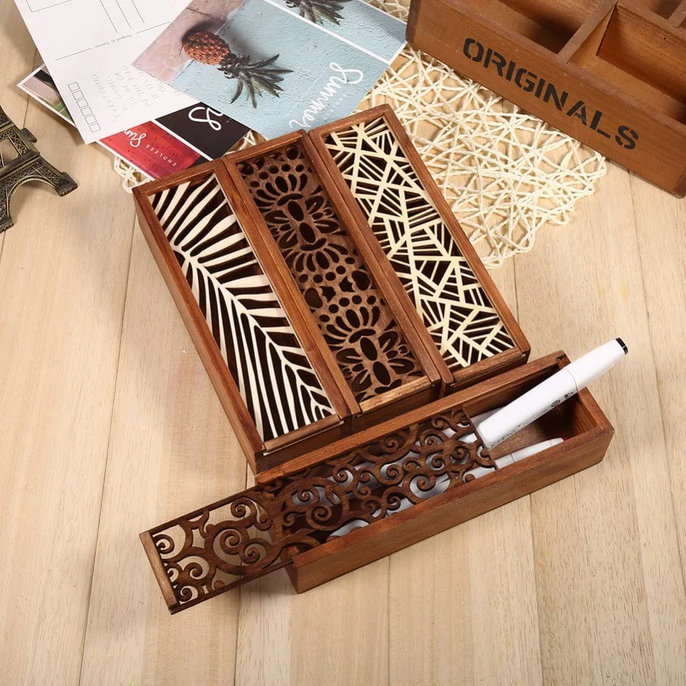 Hollow Laser cut Wood Pencil Case Storage Box Creative Students 4 Designs