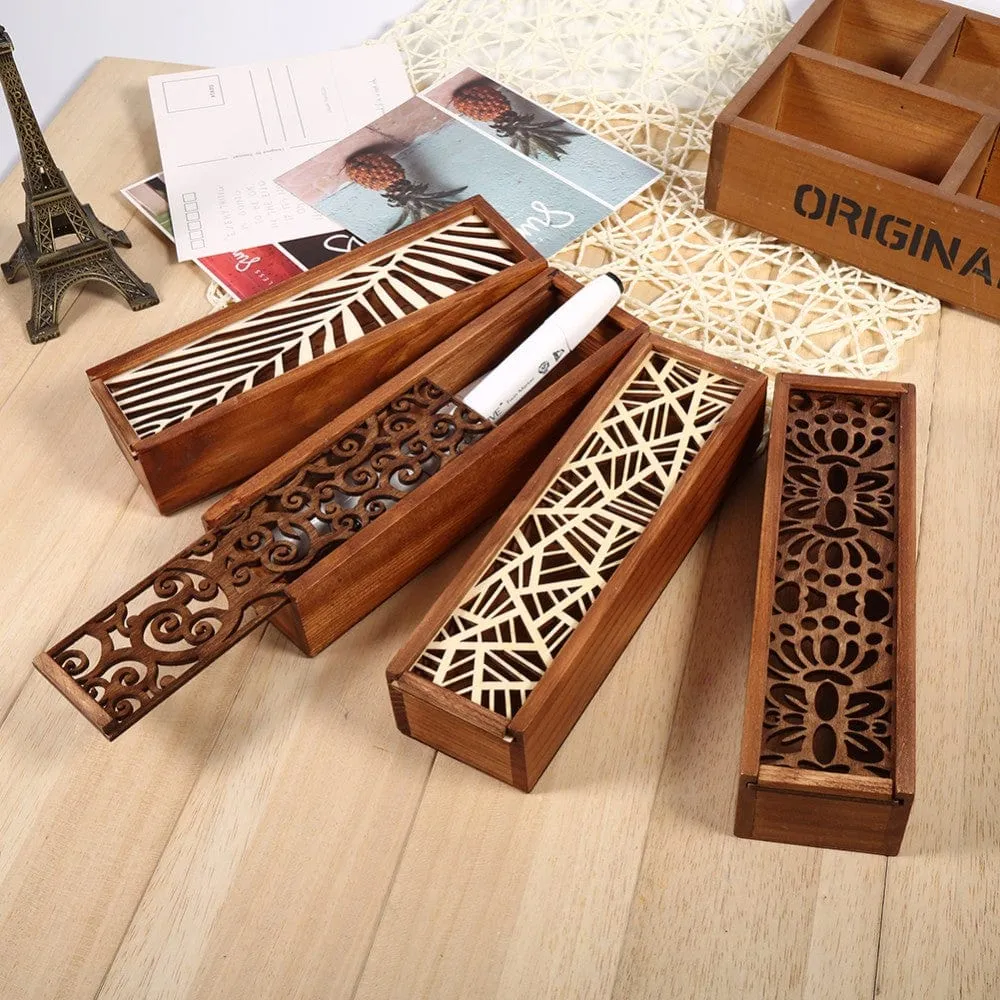 Hollow Laser cut Wood Pencil Case Storage Box Creative Students 4 Designs