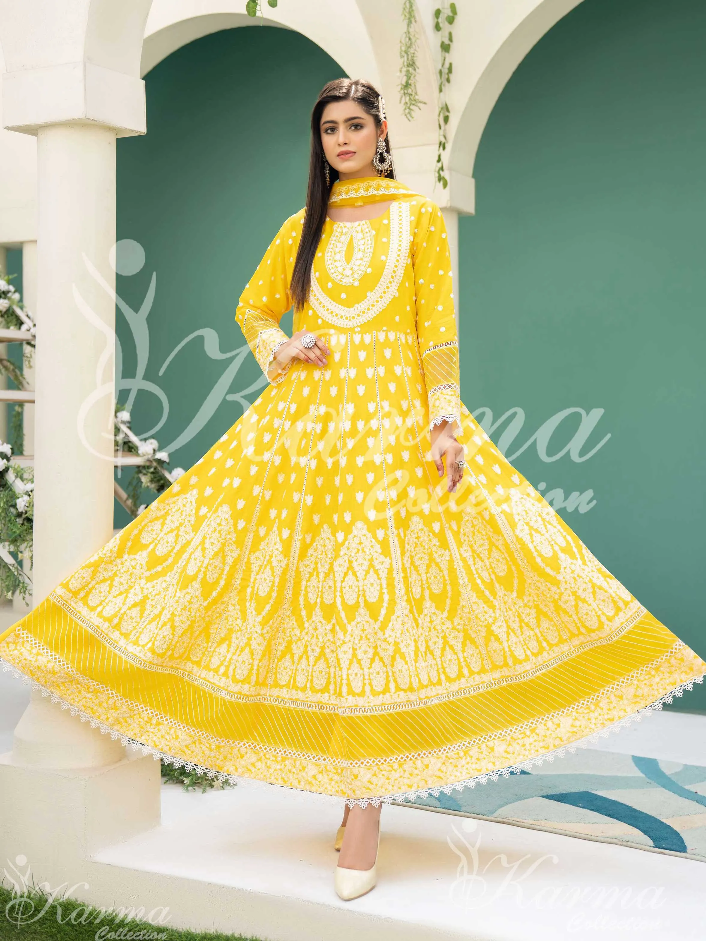 Karma Collection Yellow Embroidered Long Frock 3-Piece Suit (1303)