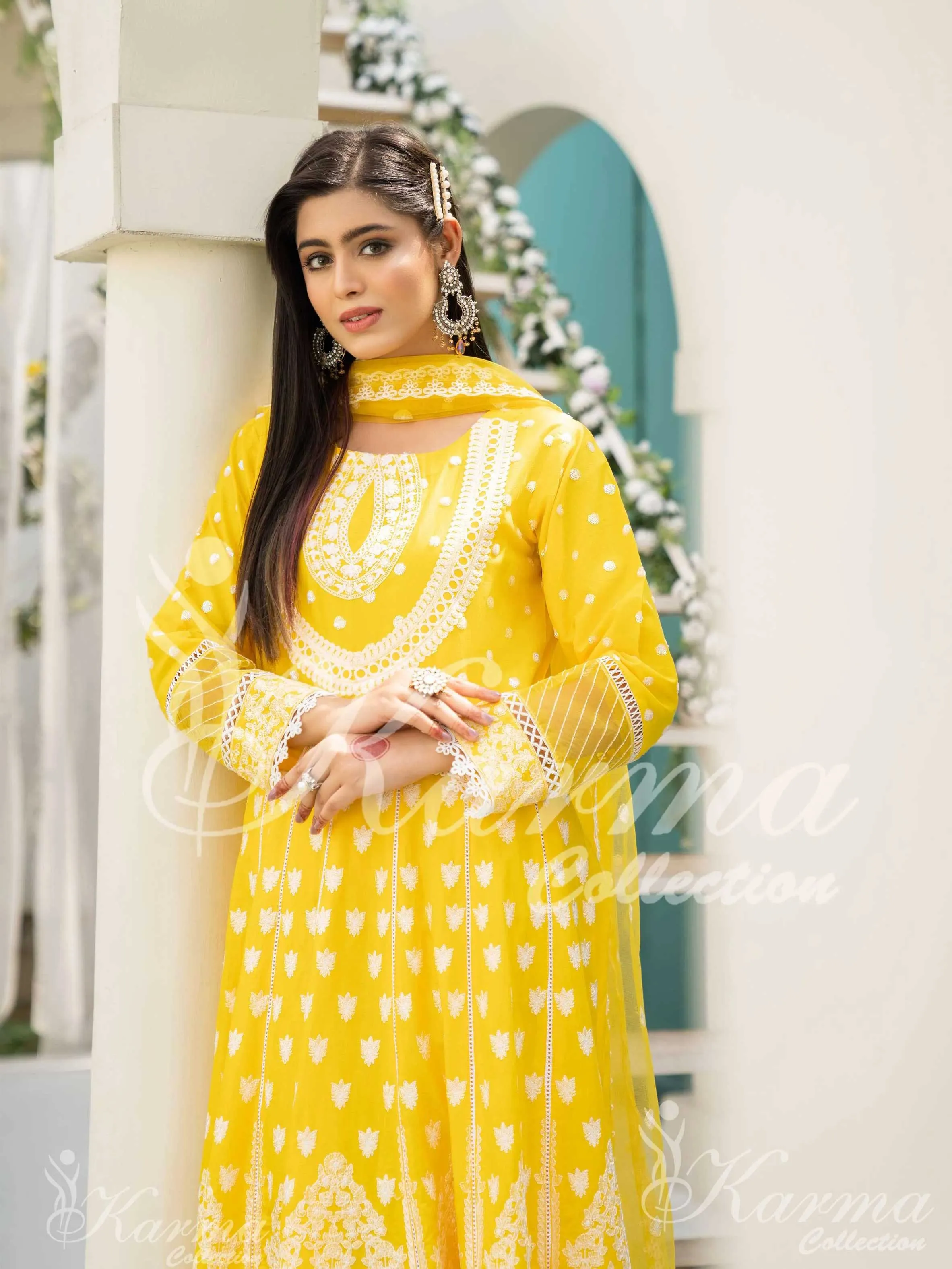 Karma Collection Yellow Embroidered Long Frock 3-Piece Suit (1303)