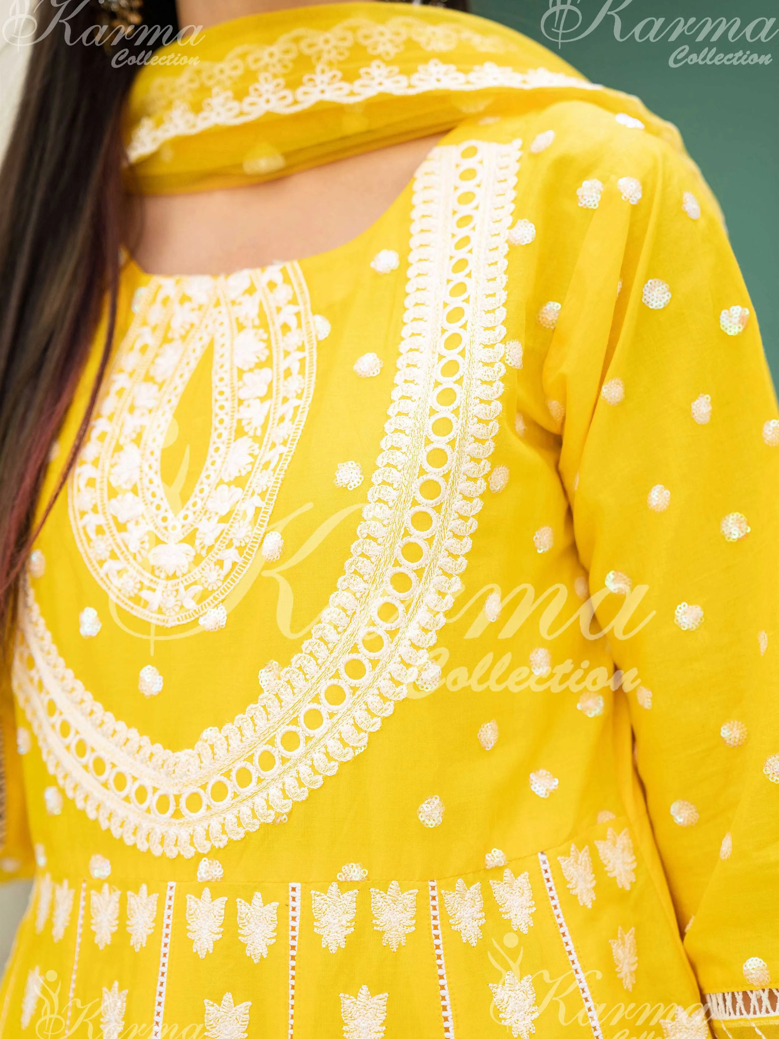 Karma Collection Yellow Embroidered Long Frock 3-Piece Suit (1303)