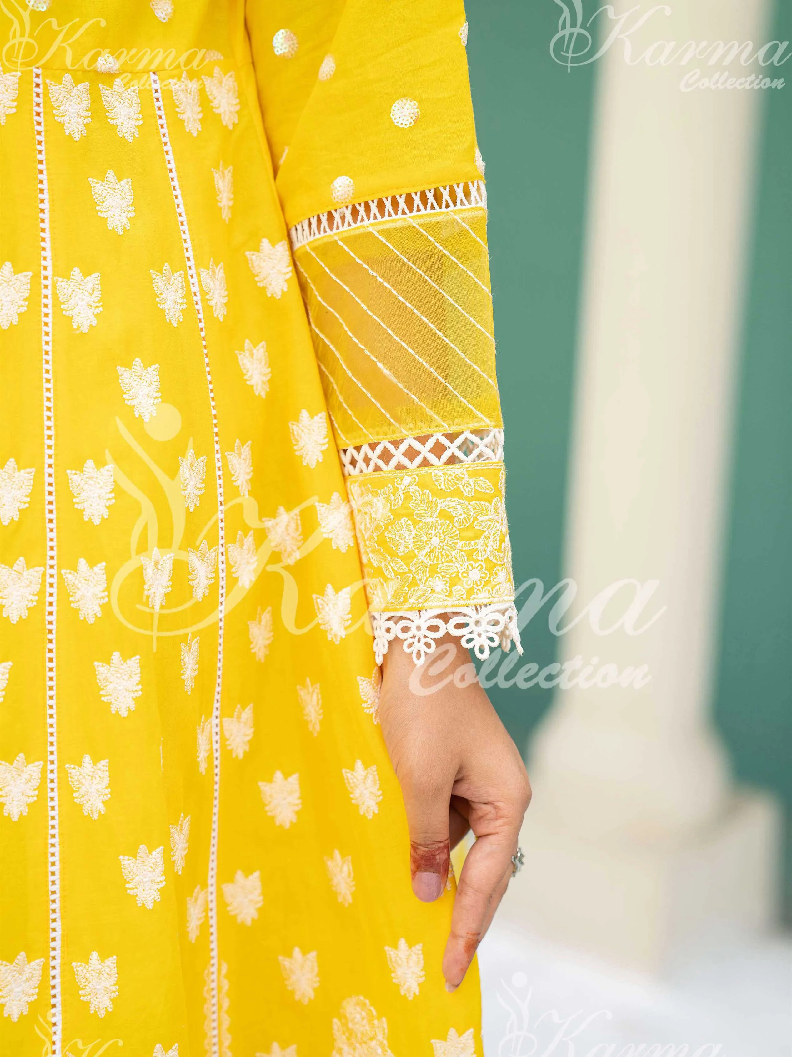 Karma Collection Yellow Embroidered Long Frock 3-Piece Suit (1303)