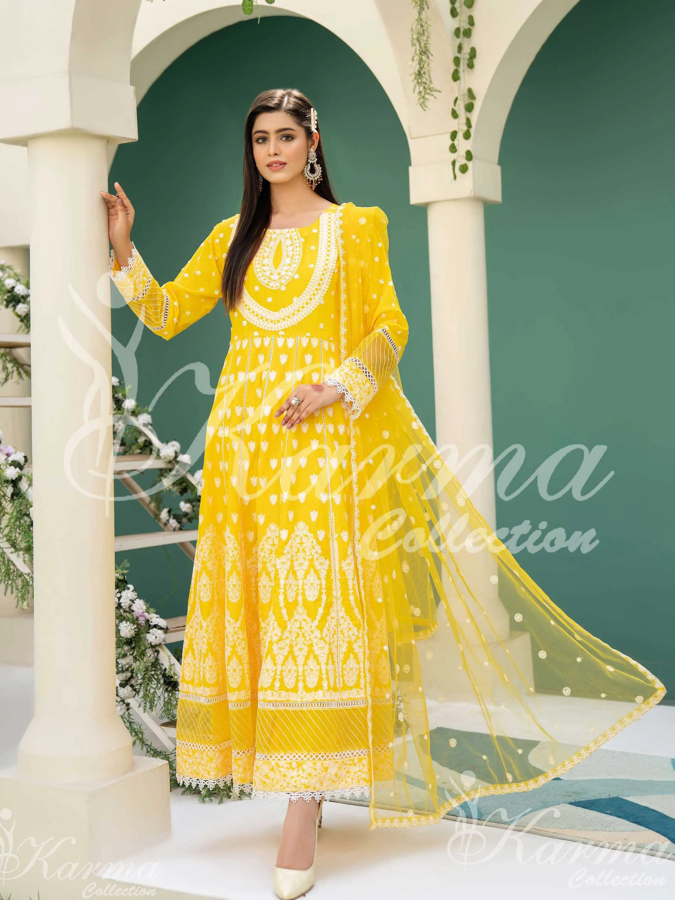 Karma Collection Yellow Embroidered Long Frock 3-Piece Suit (1303)