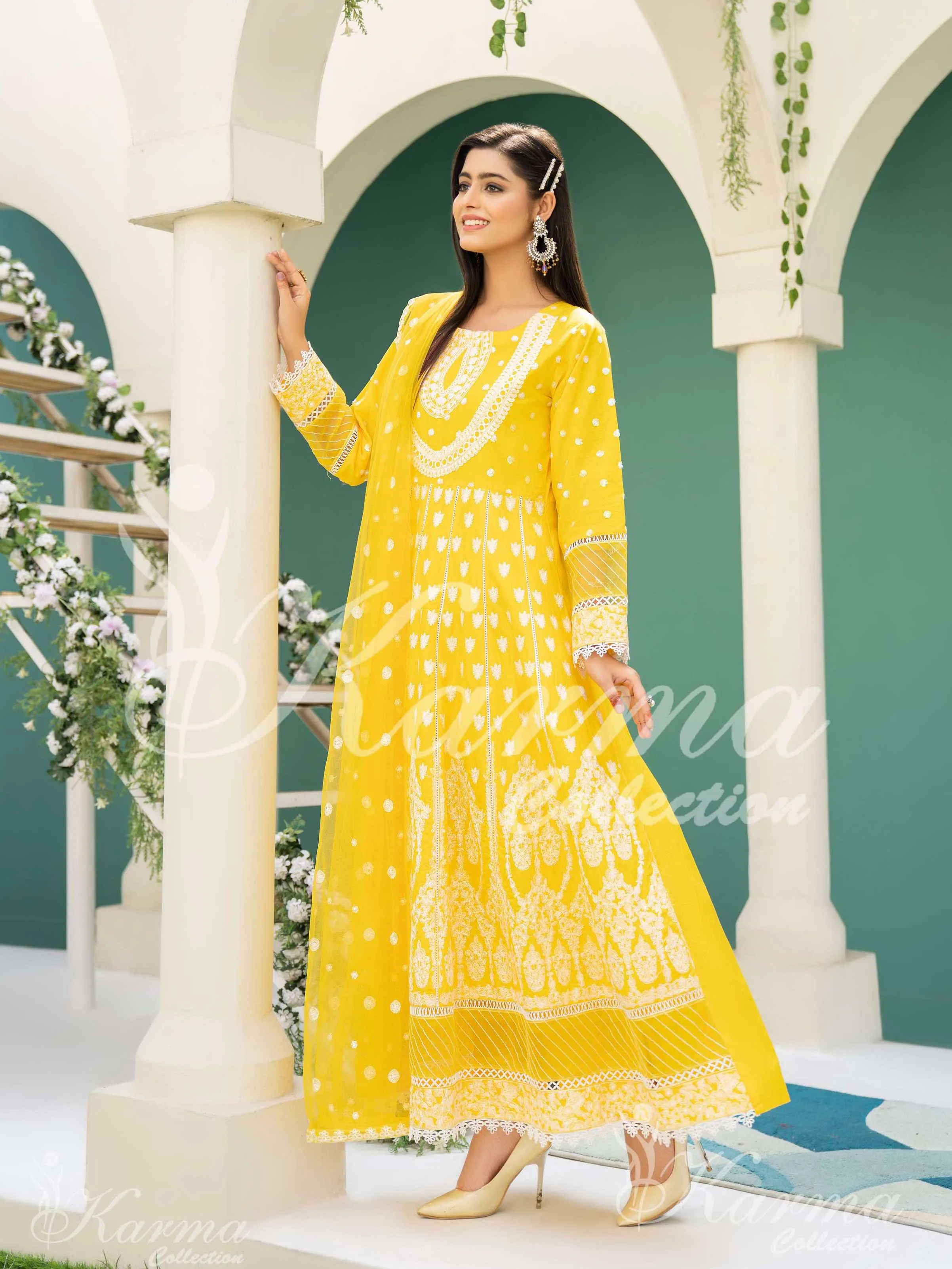 Karma Collection Yellow Embroidered Long Frock 3-Piece Suit (1303)