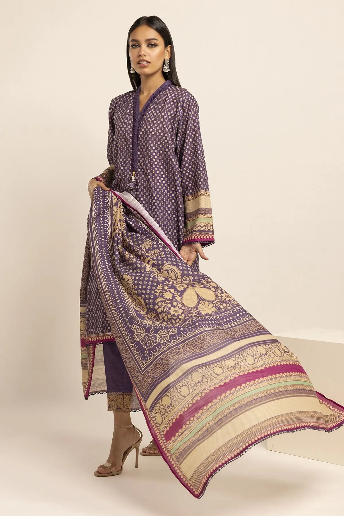 Khaadi Unstitched Embroidered Khaddar 3-Piece Suit - Purple