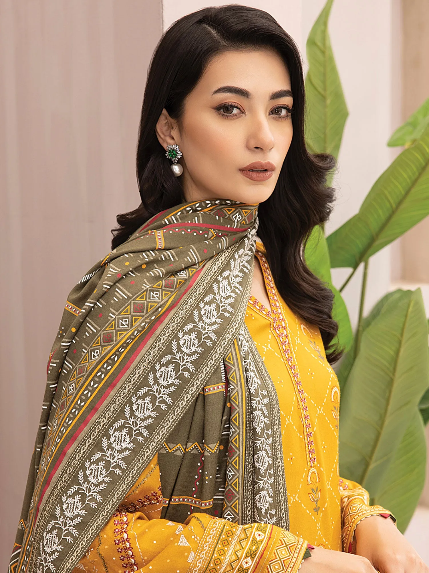 Lakhany Mustard Unstitched Pashmina Embroidered Suit (LG-ZH-0100)