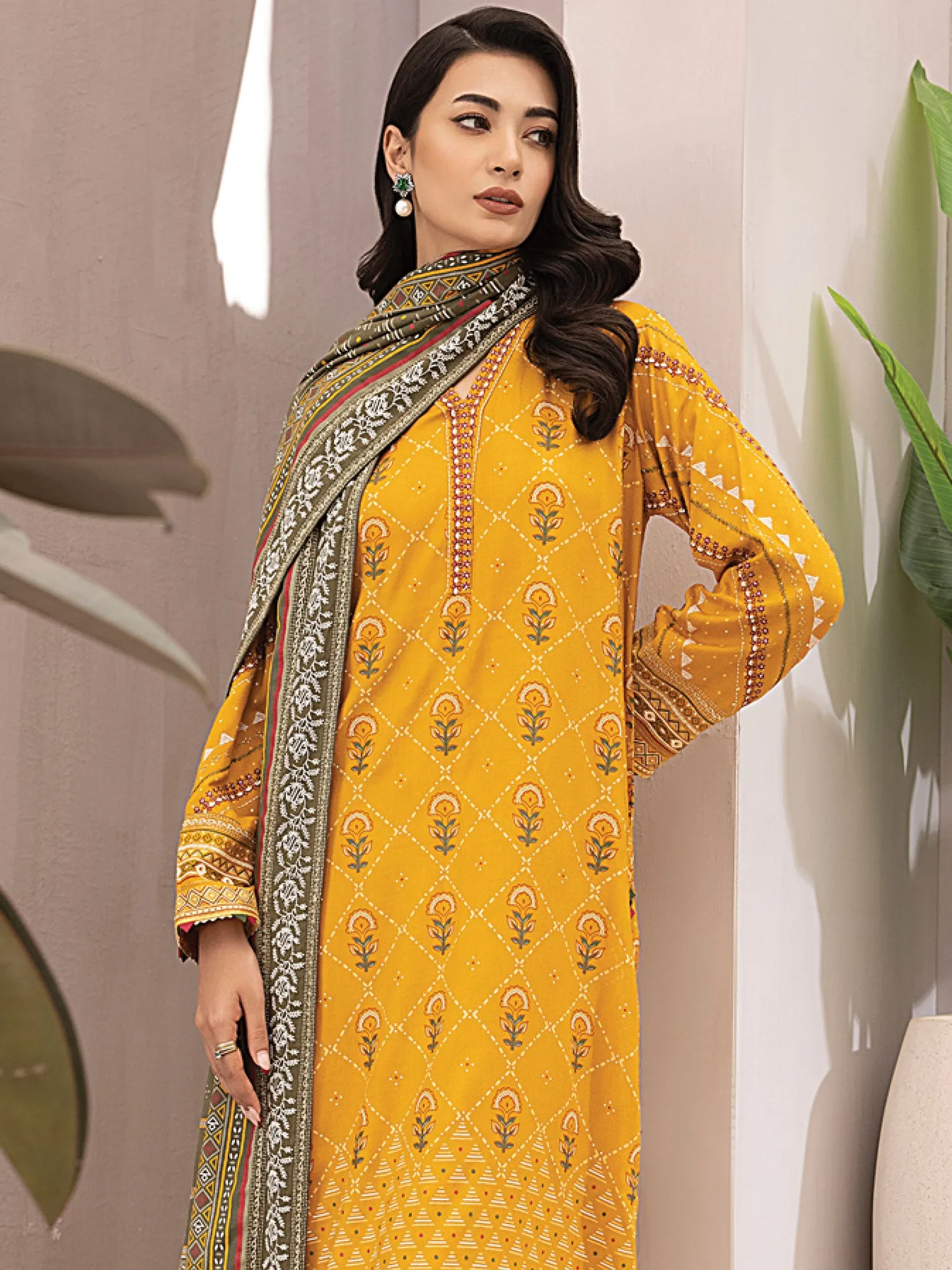 Lakhany Mustard Unstitched Pashmina Embroidered Suit (LG-ZH-0100)