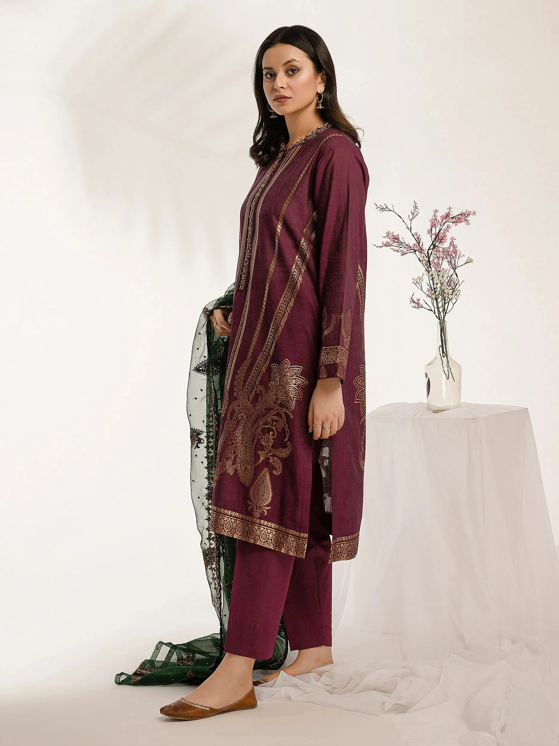 Limelight Plum Jacquard Embroidered 3-Piece Suit (P7619SU)