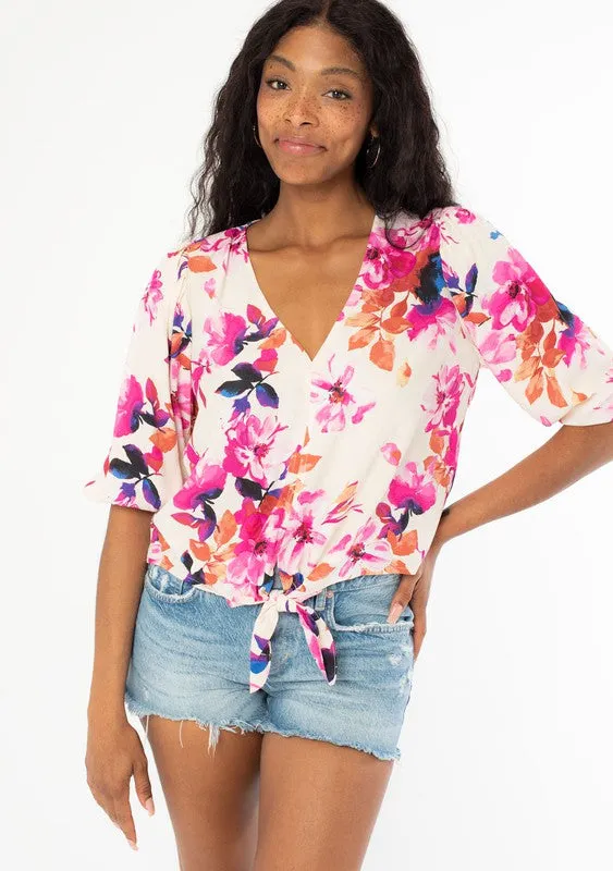 Lovestitch Floral 3/4 Sleeves Tie Front Top