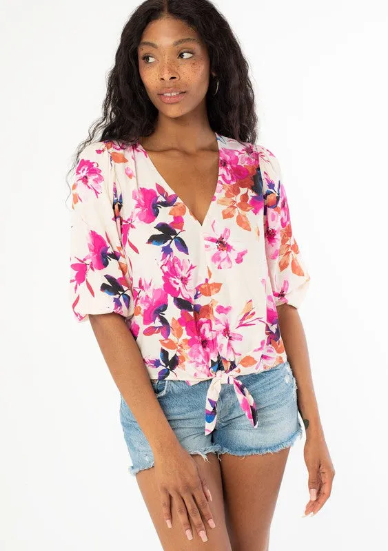 Lovestitch Floral 3/4 Sleeves Tie Front Top