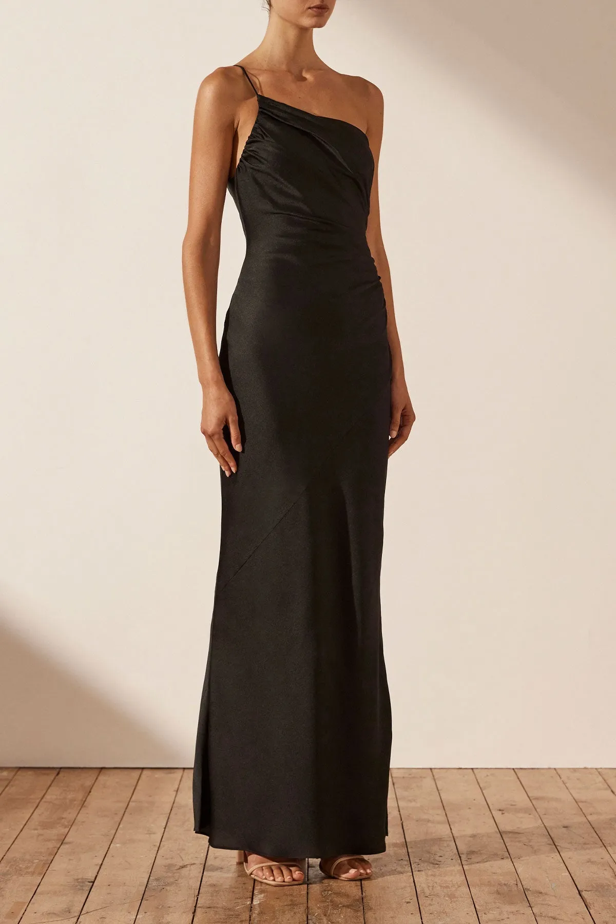 LUXE ASYMMETRICAL GATHERED MAXI DRESS - ONYX