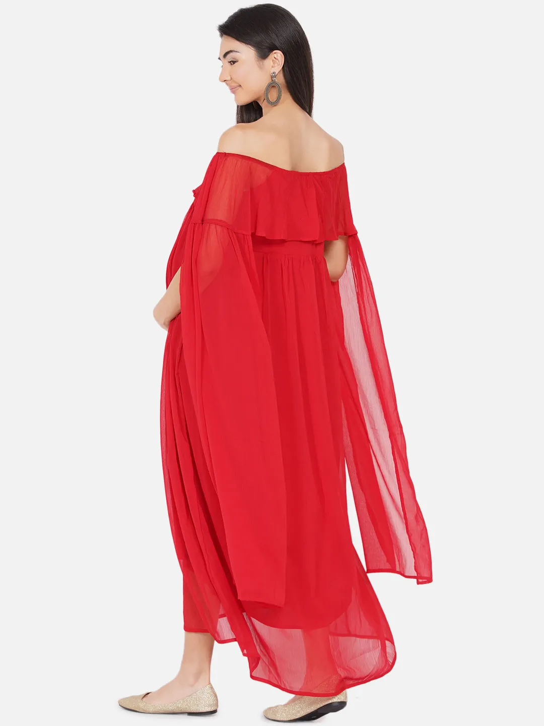 Maternity Solid Red Maxi Baby Shower Dress