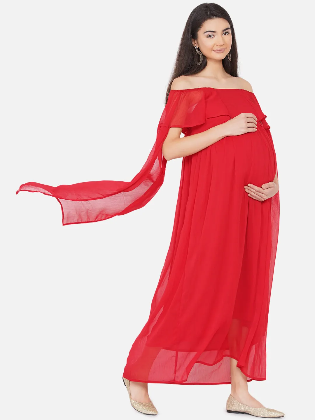 Maternity Solid Red Maxi Baby Shower Dress