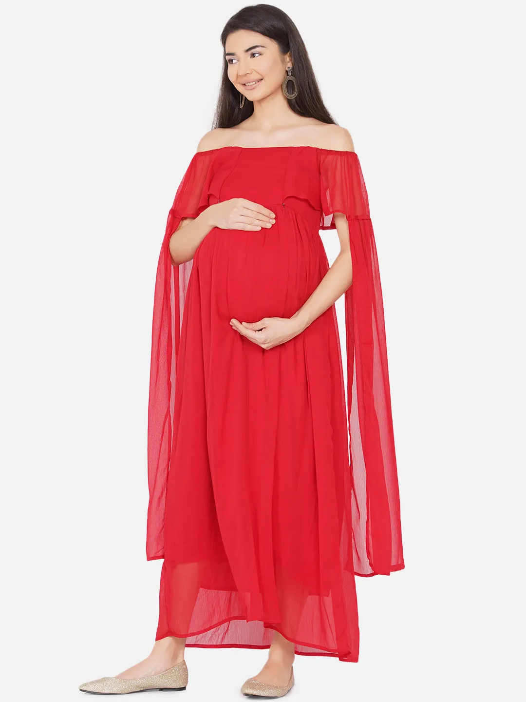 Maternity Solid Red Maxi Baby Shower Dress