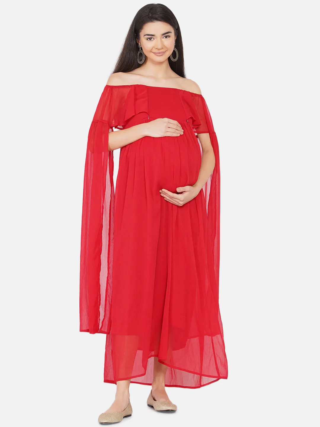 Maternity Solid Red Maxi Baby Shower Dress