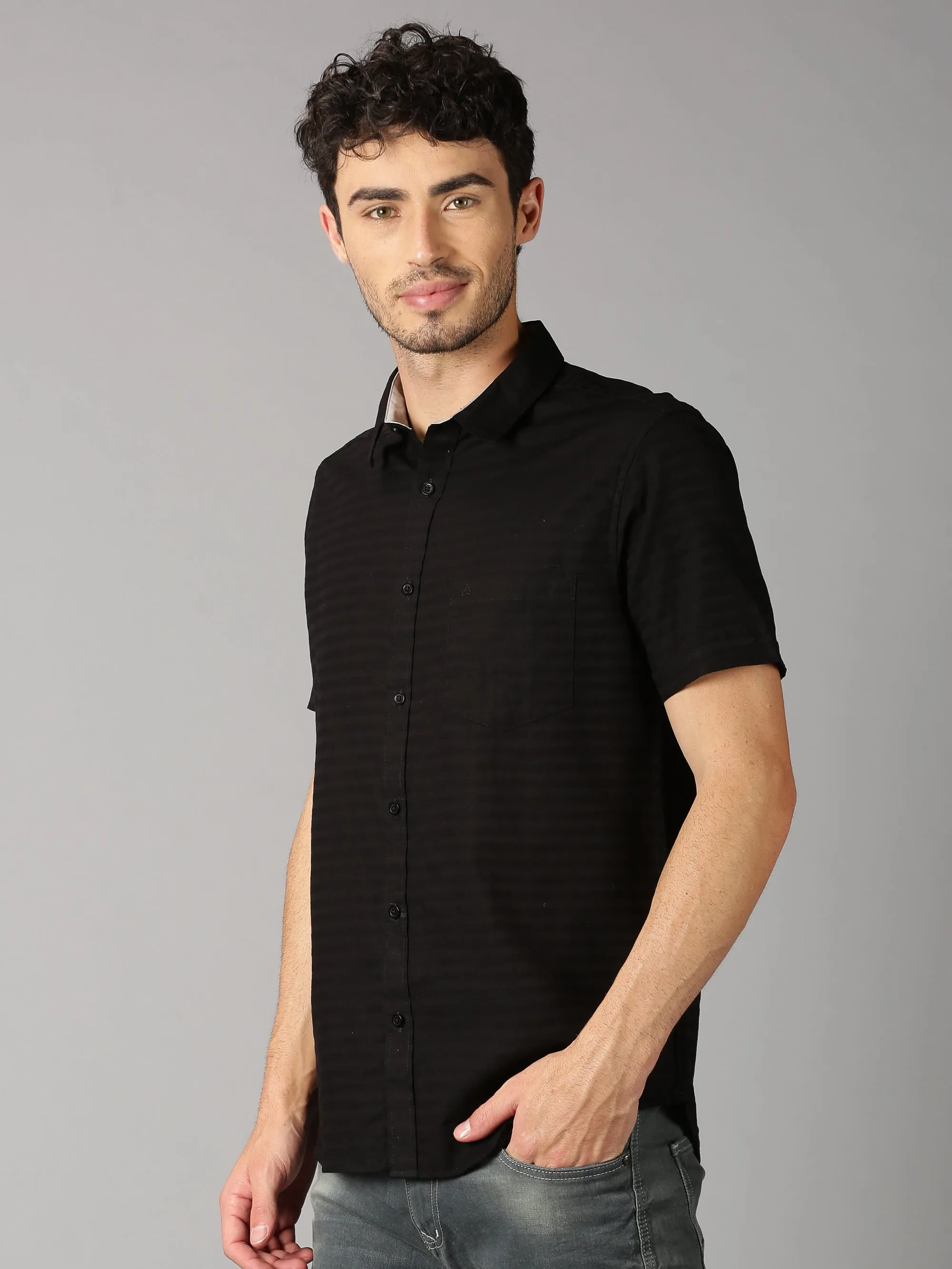 MEN'S BLACK DOBBY STRIPE SLIM FIT SHIRT