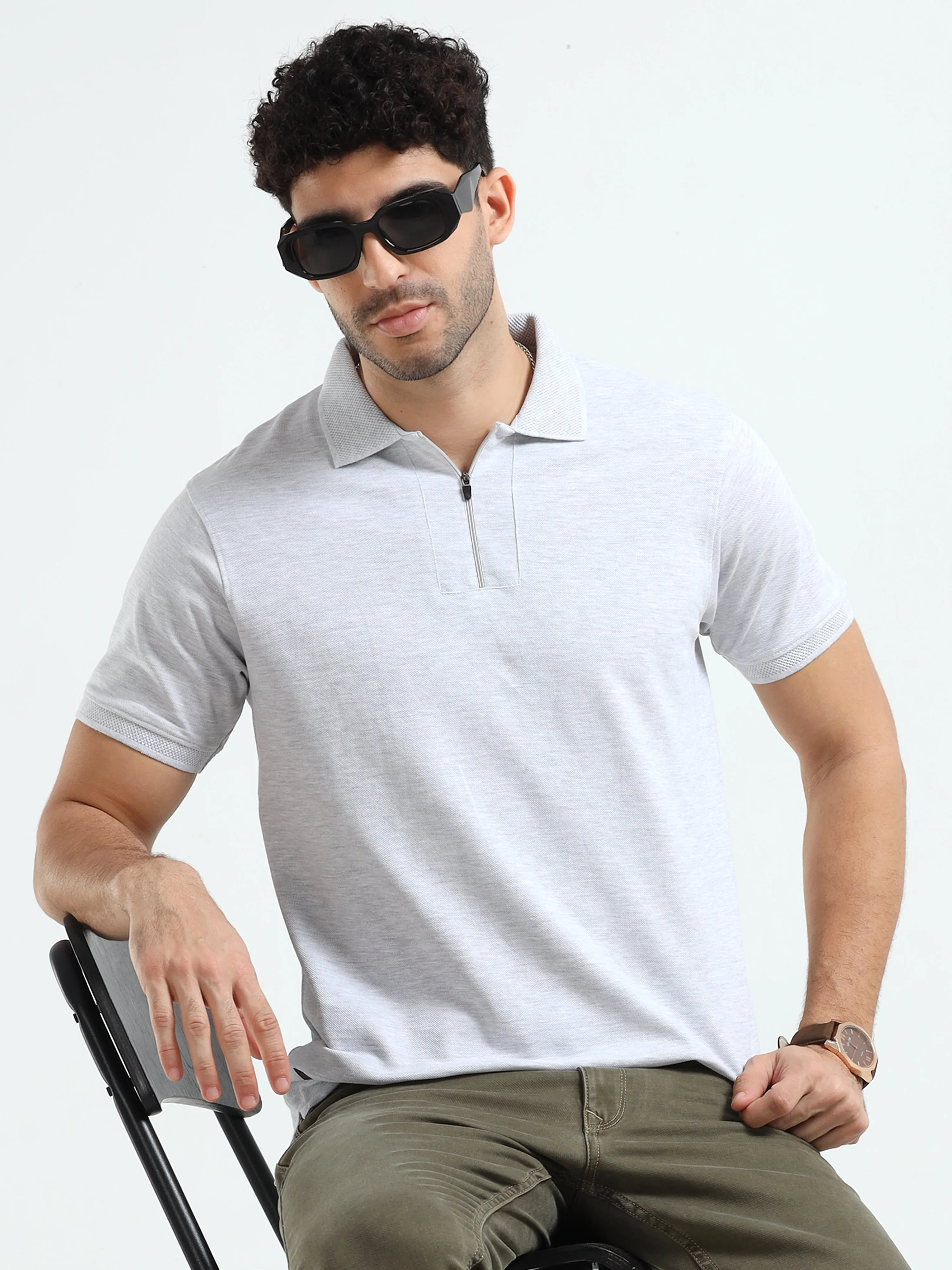 MEN'S ECRU MELANGE SOLID SLIM FIT T SHIRT