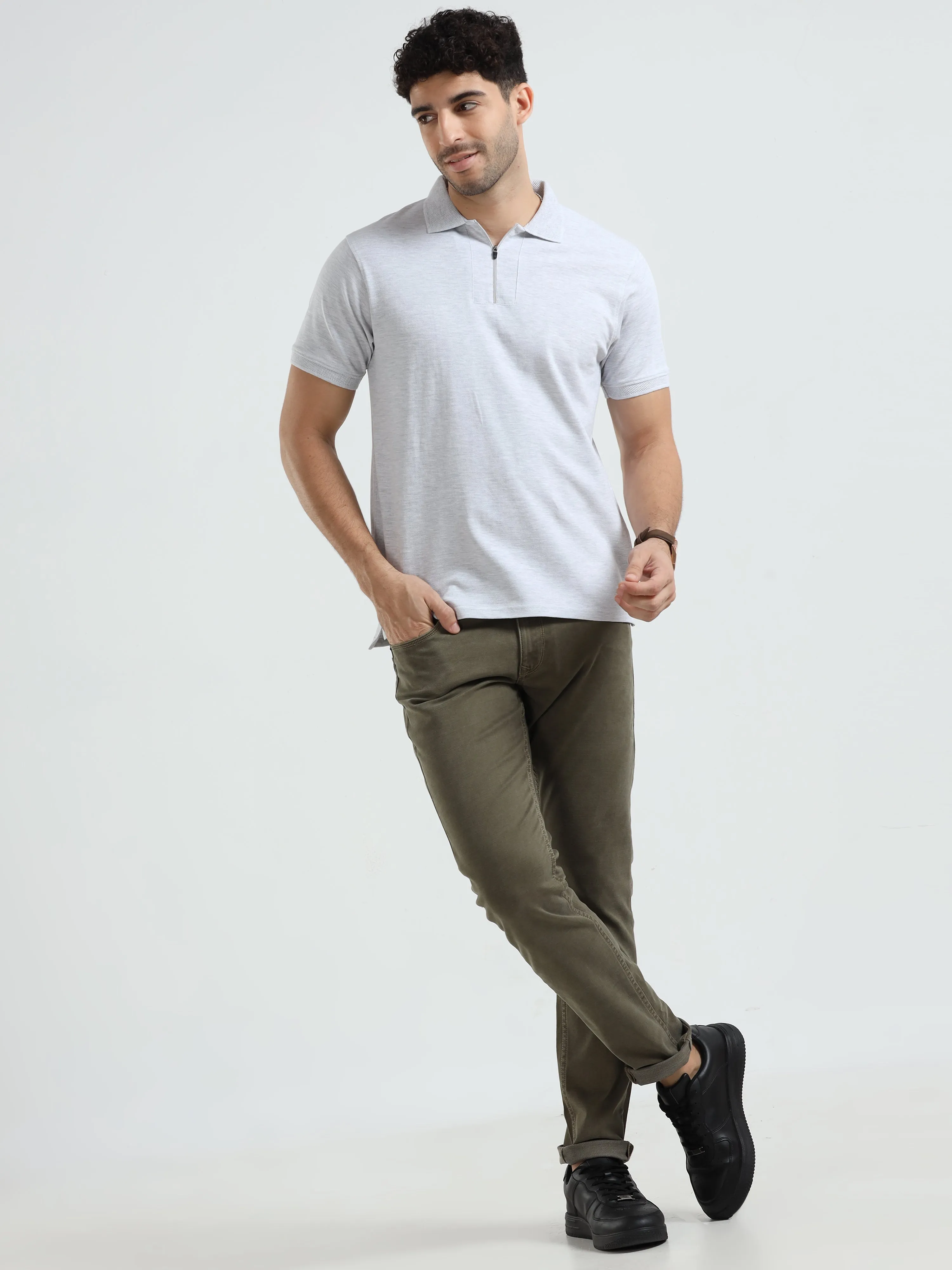 MEN'S ECRU MELANGE SOLID SLIM FIT T SHIRT