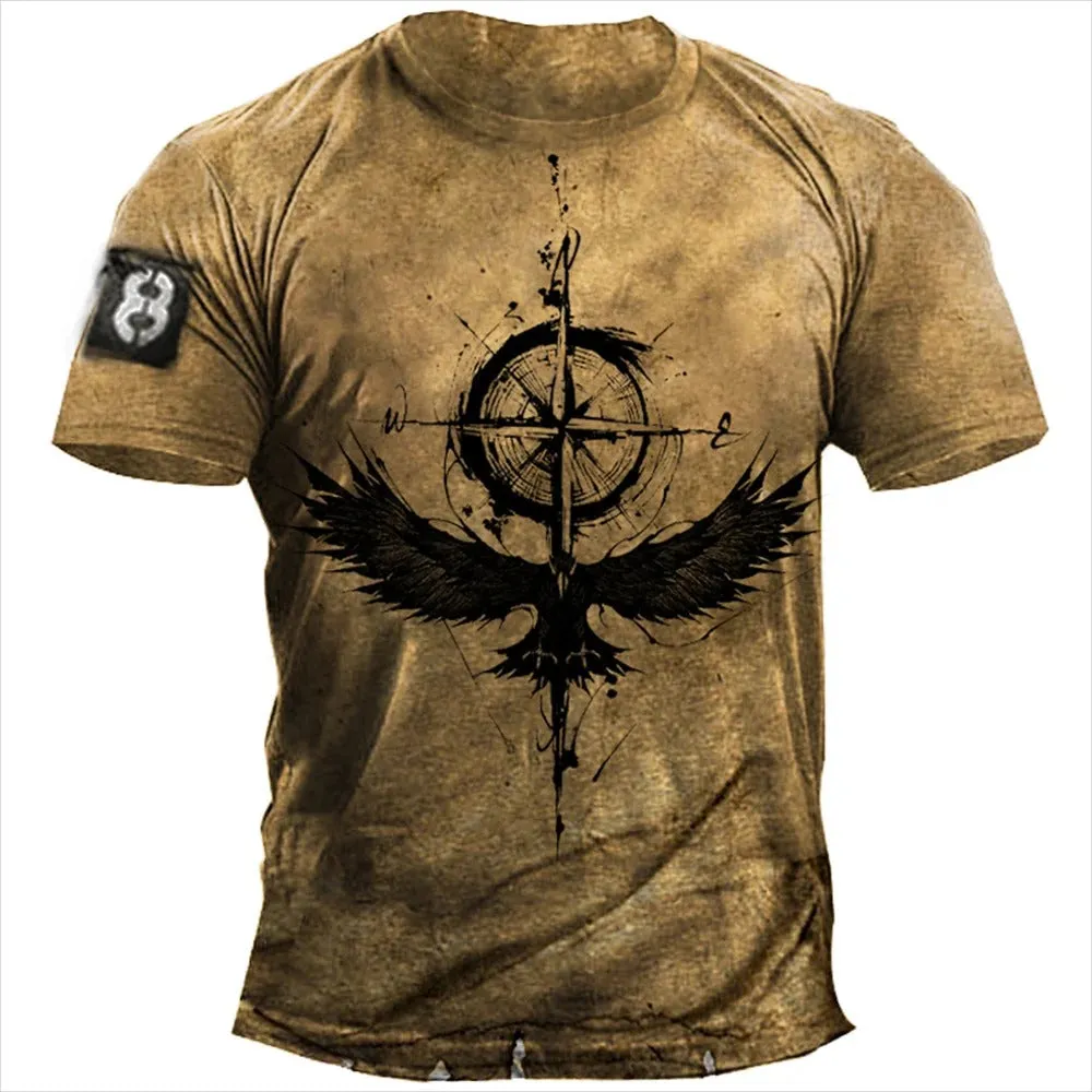 Men's T-Shirt Summer Tops Compass Printed Short-Sleeve Tees Casual Shirt