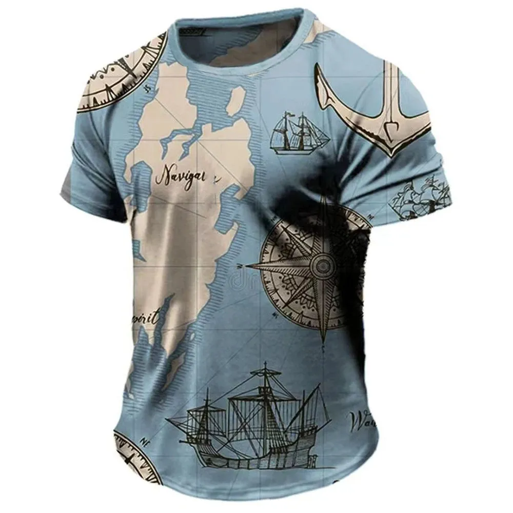 Men's T-Shirt Summer Tops Compass Printed Short-Sleeve Tees Casual Shirt