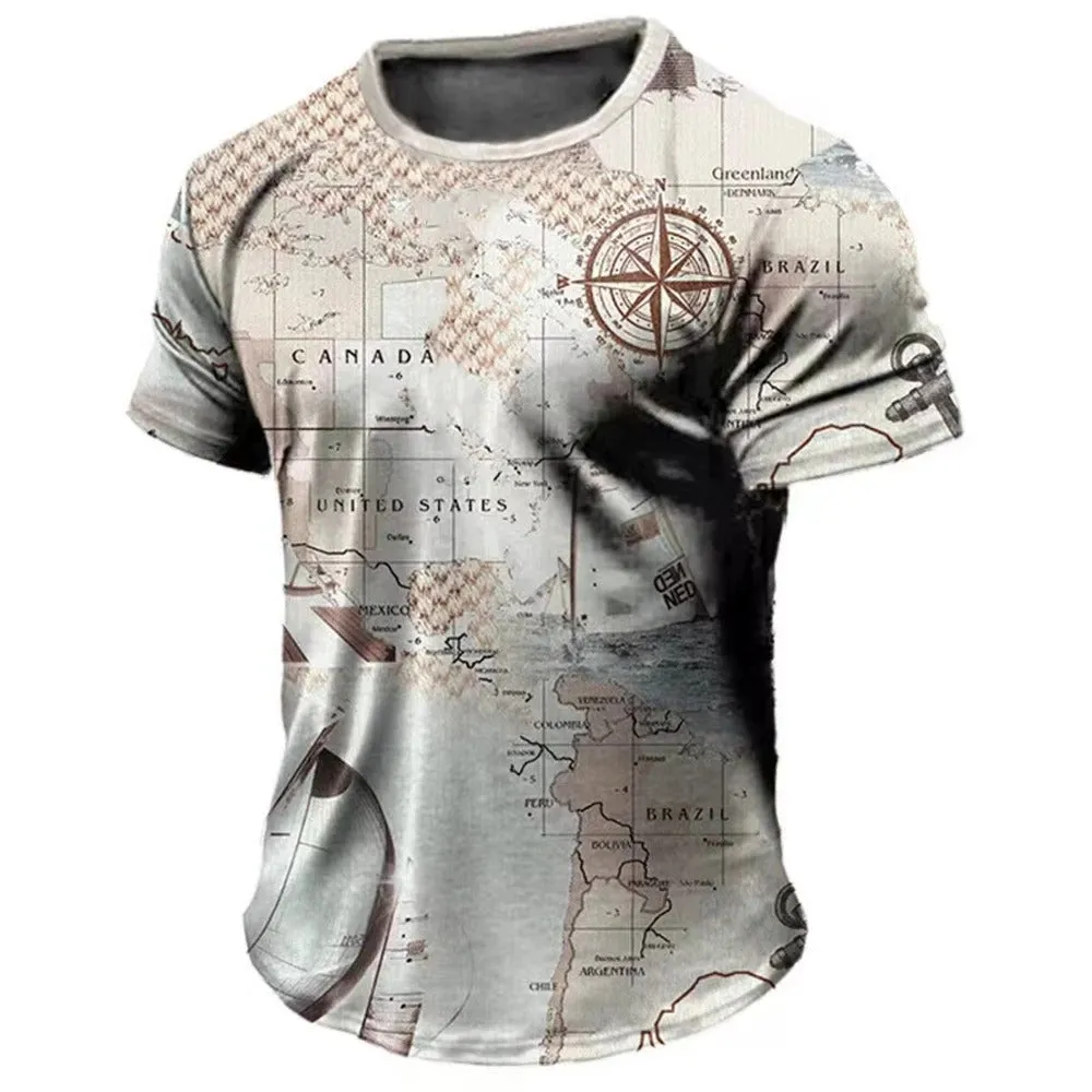 Men's T-Shirt Summer Tops Compass Printed Short-Sleeve Tees Casual Shirt