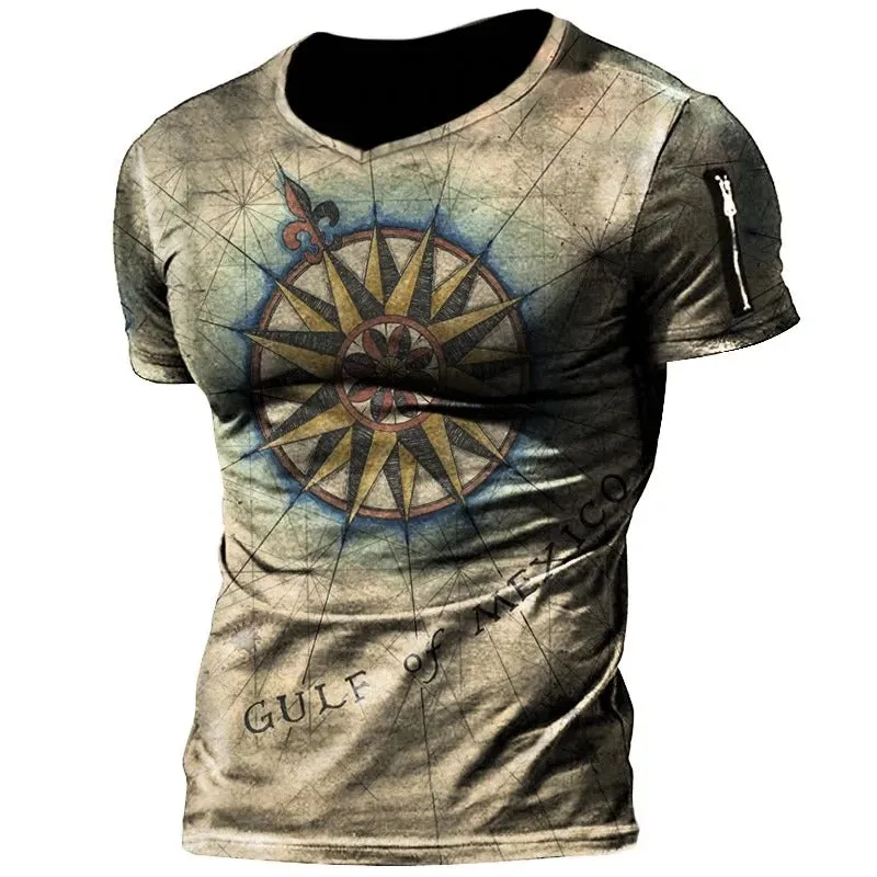 Men's T-Shirt Summer Tops Compass Printed Short-Sleeve Tees Casual Shirt