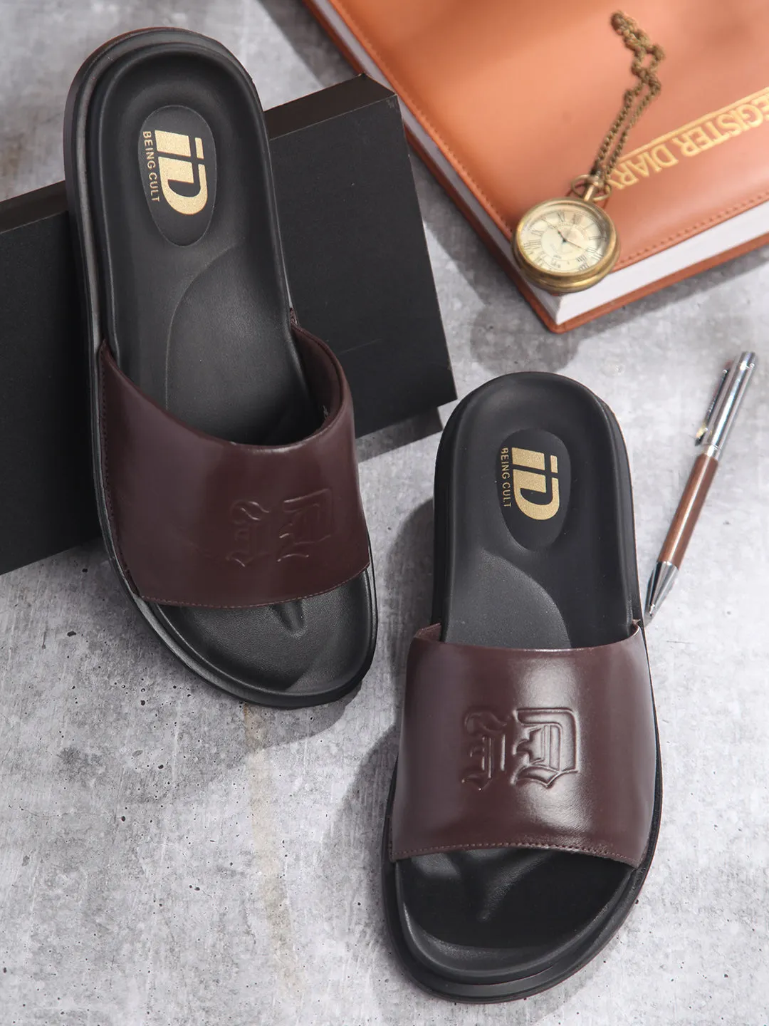 Men's Wine Leather Casual Slides (ID4210)