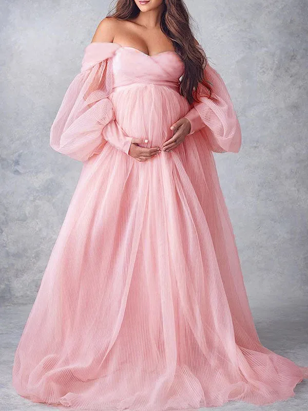 Momnfancy Off Shoulder Puff Sleeve Tulle Tutu Babyshower Evening Maternity Maxi Dress