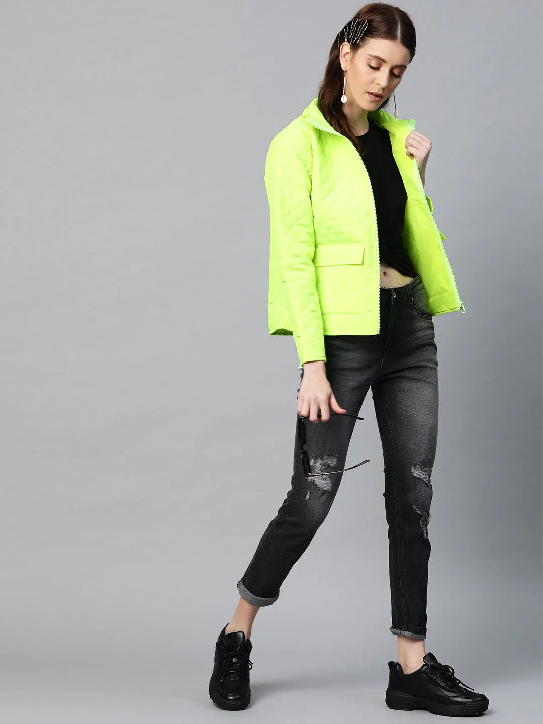 Neon Green Flap Pockets Quilted Puffer Jacket