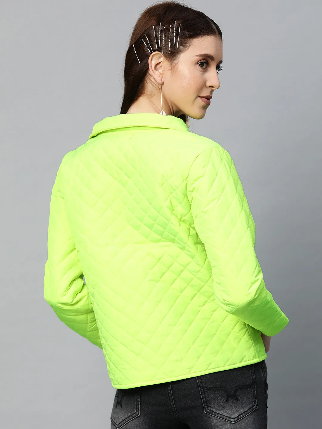 Neon Green Flap Pockets Quilted Puffer Jacket