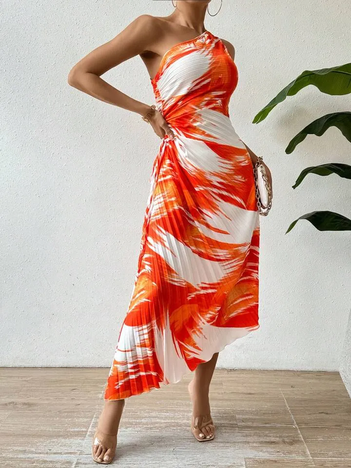 One shoulder sleeve pleated dress in orange