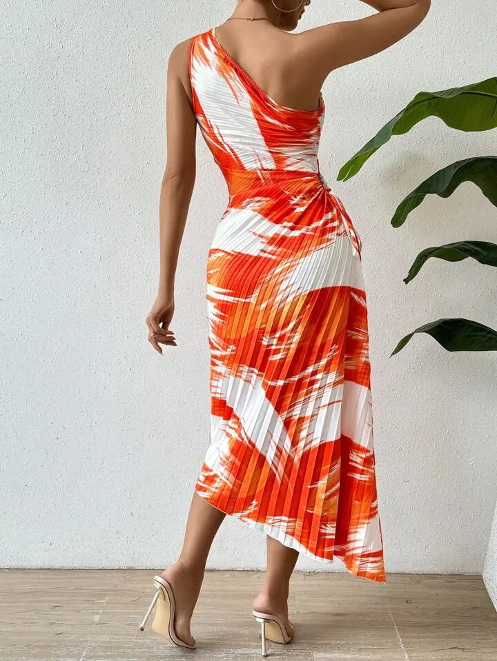 One shoulder sleeve pleated dress in orange