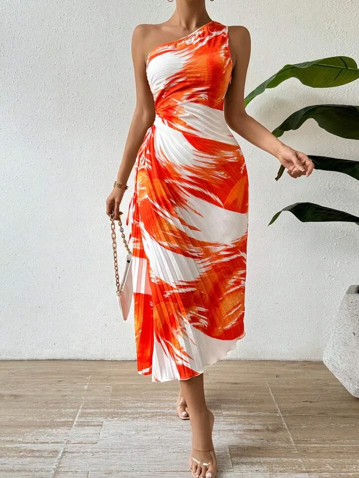 One shoulder sleeve pleated dress in orange