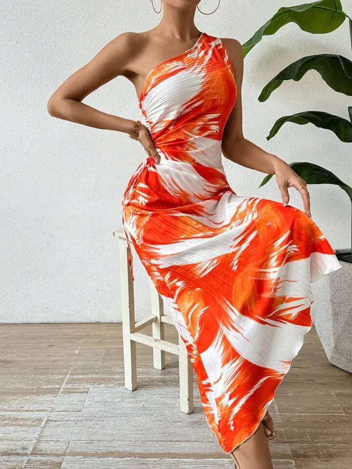 One shoulder sleeve pleated dress in orange