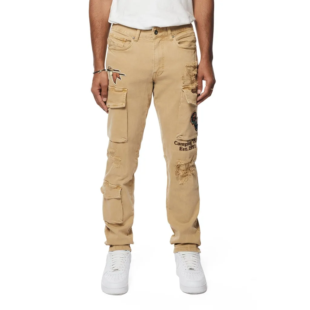 Outdoor Color Denim Cargo Pants - Khaki