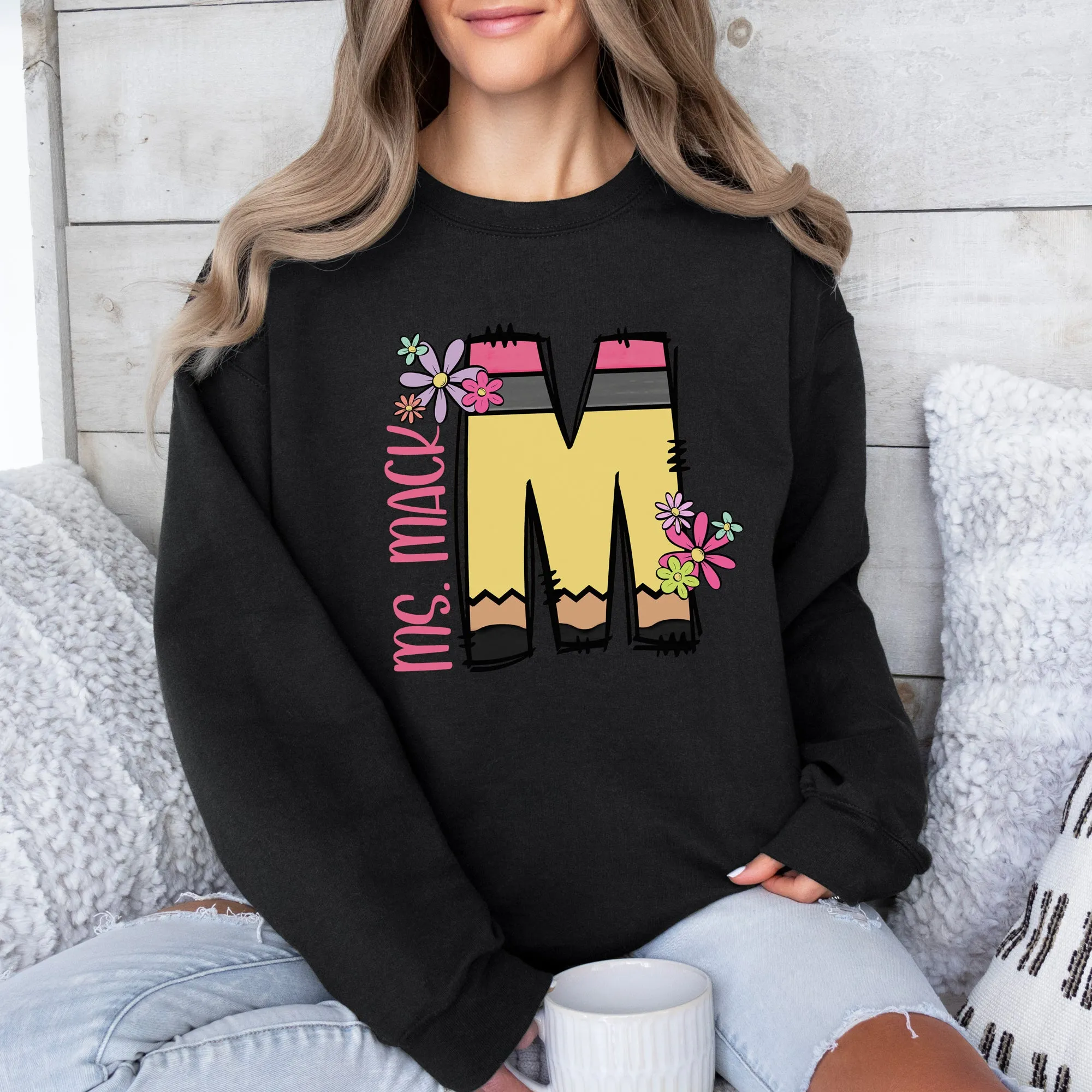 Pencil Letter (Flowers) - CREWNECK - Youth and Adult