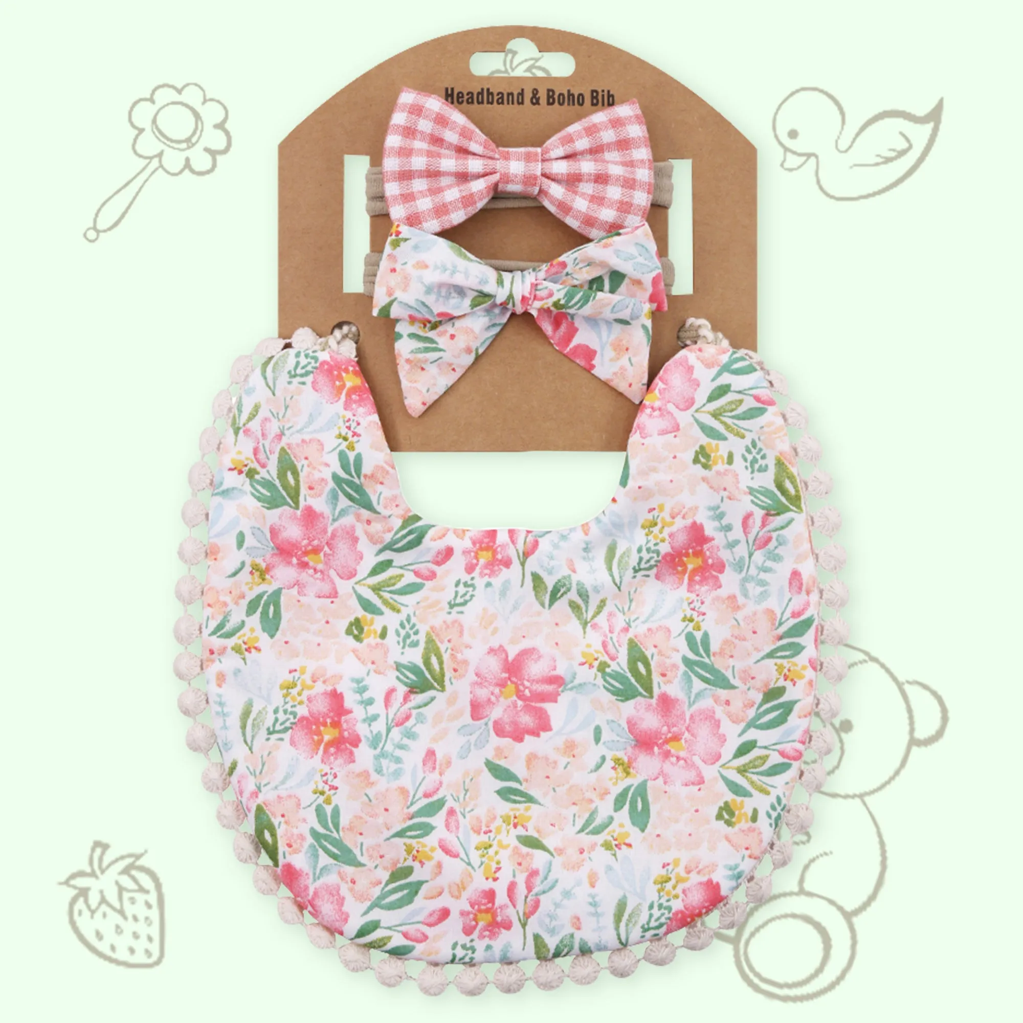 Polka Tots Floral Bow Headband with Bib Set - Pink