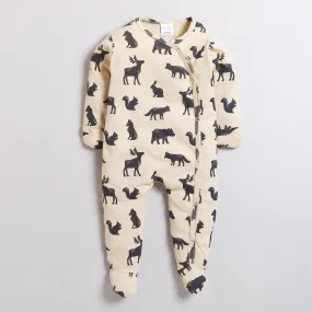 Polka Tots Full Sleeve Footed Romper with Folded Mittens  100% Super Soft Cotton Animals Cream