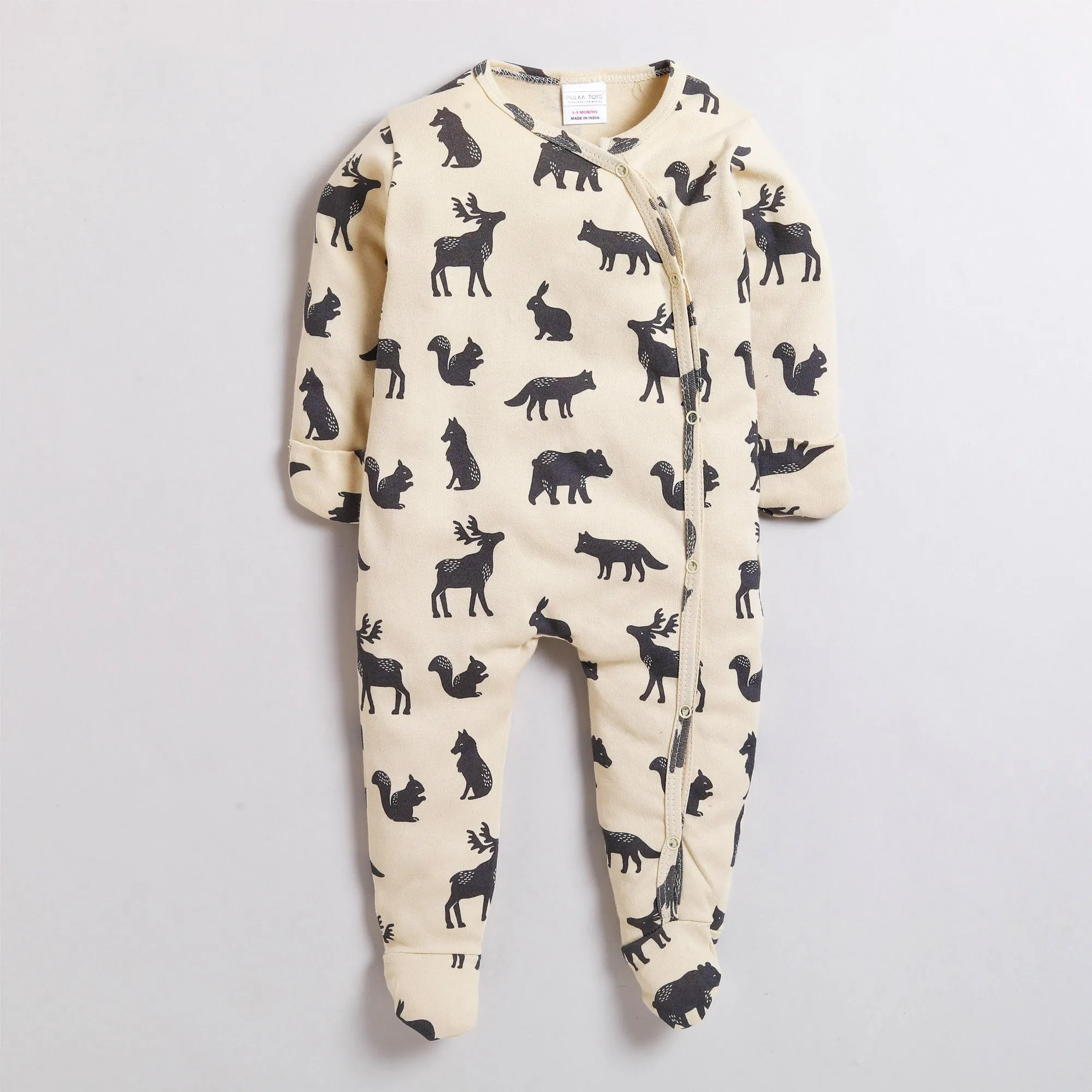 Polka Tots Full Sleeve Footed Romper with Folded Mittens  100% Super Soft Cotton Animals Cream