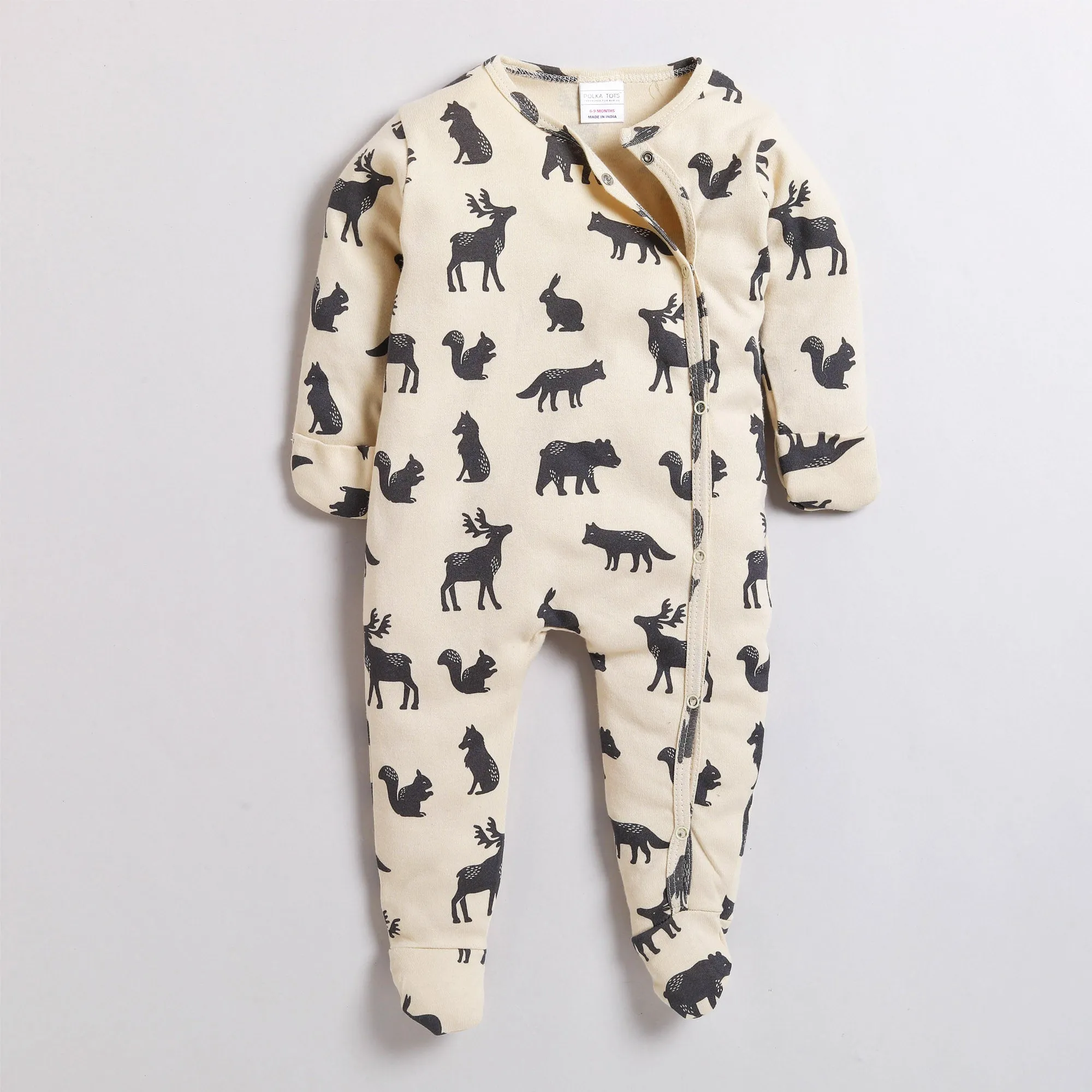 Polka Tots Full Sleeve Footed Romper with Folded Mittens  100% Super Soft Cotton Animals Cream