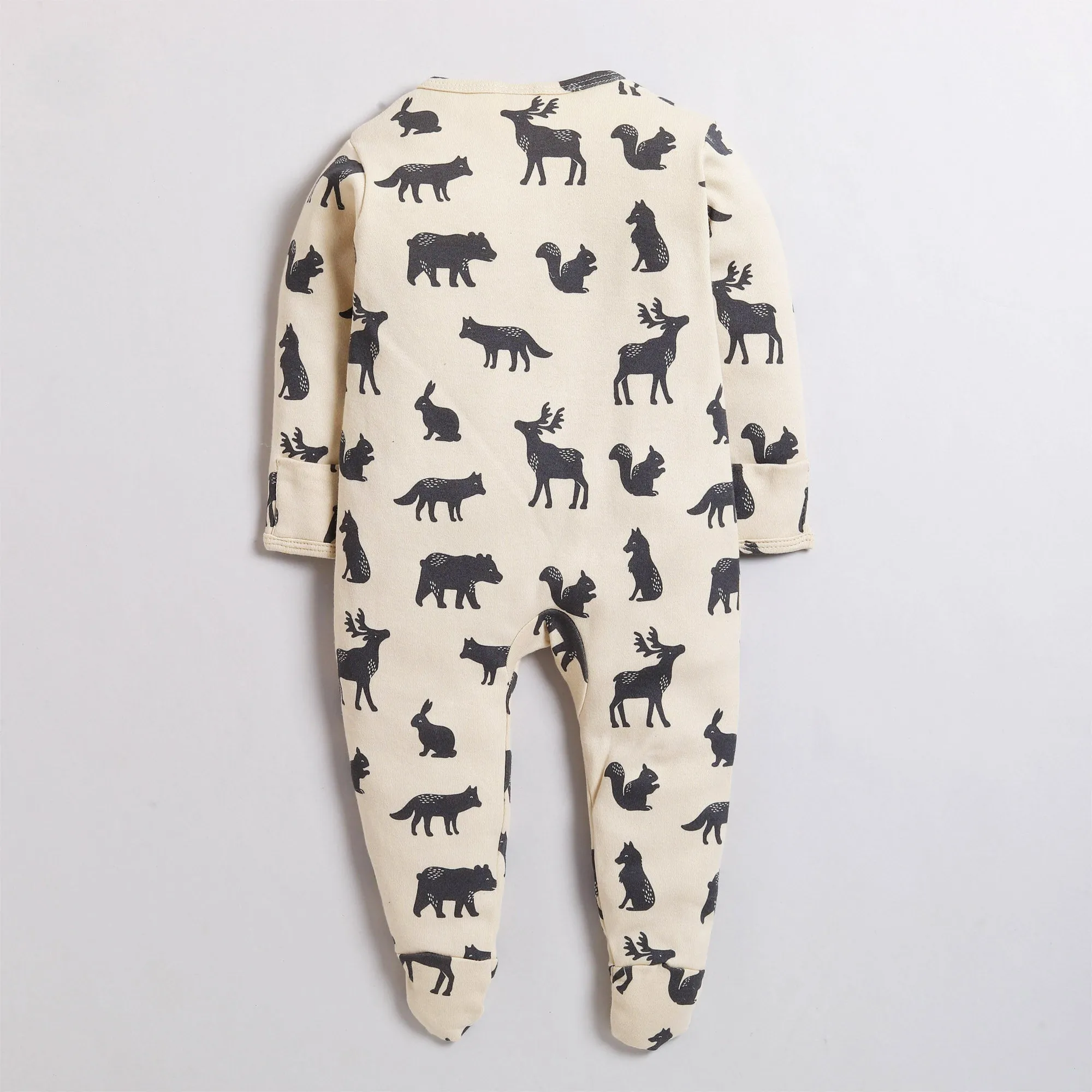 Polka Tots Full Sleeve Footed Romper with Folded Mittens  100% Super Soft Cotton Animals Cream