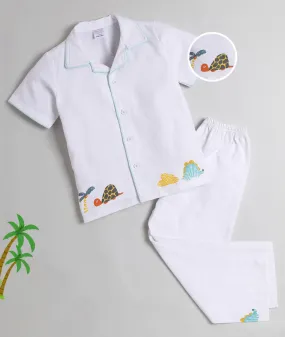 Polka Tots Half Sleeve Night Suit Pair Cotton Water Animals - White