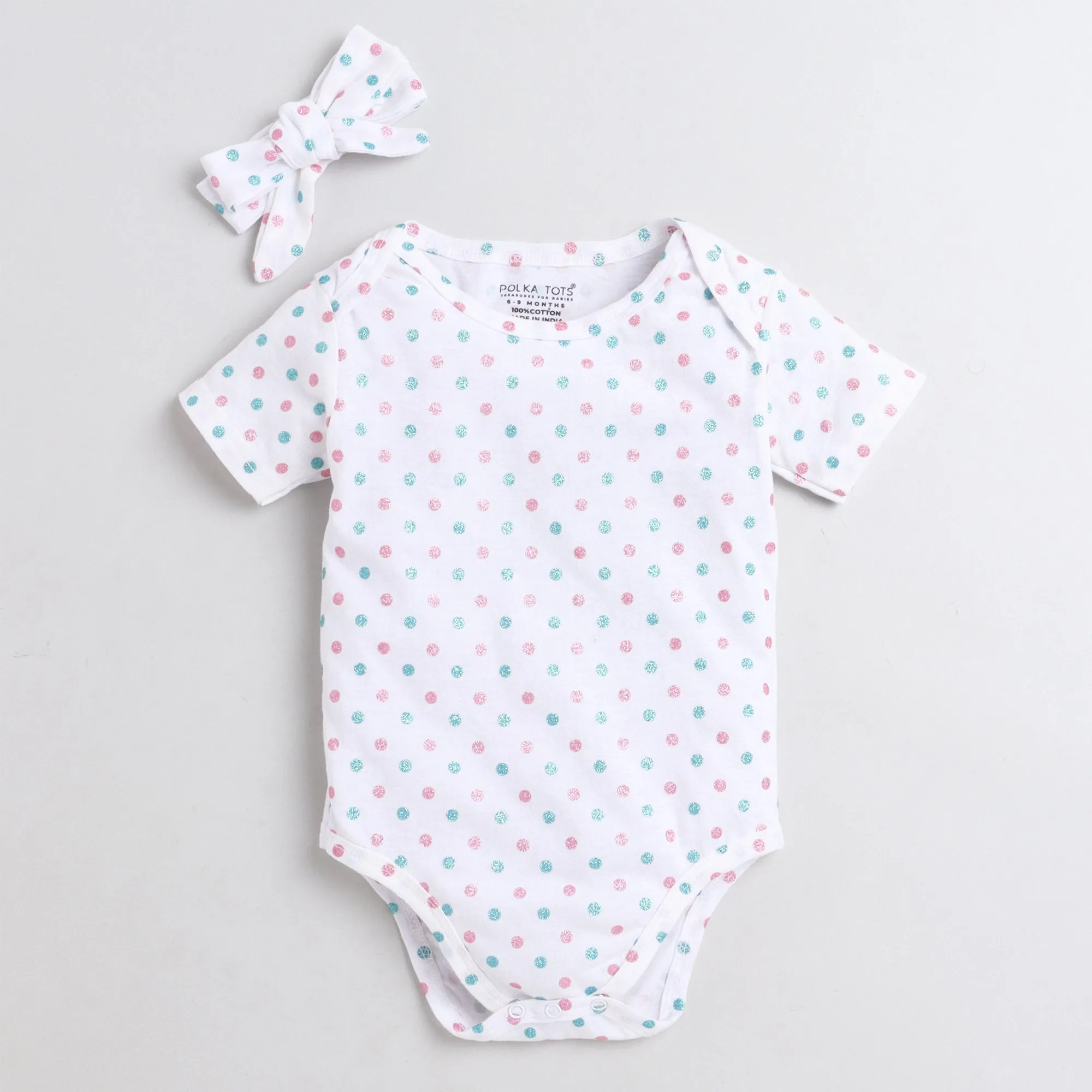 Polka Tots Half Sleeve Romper Onesie 100% Super Soft Cotton With Head Band Multi Color Polka Glitter - White