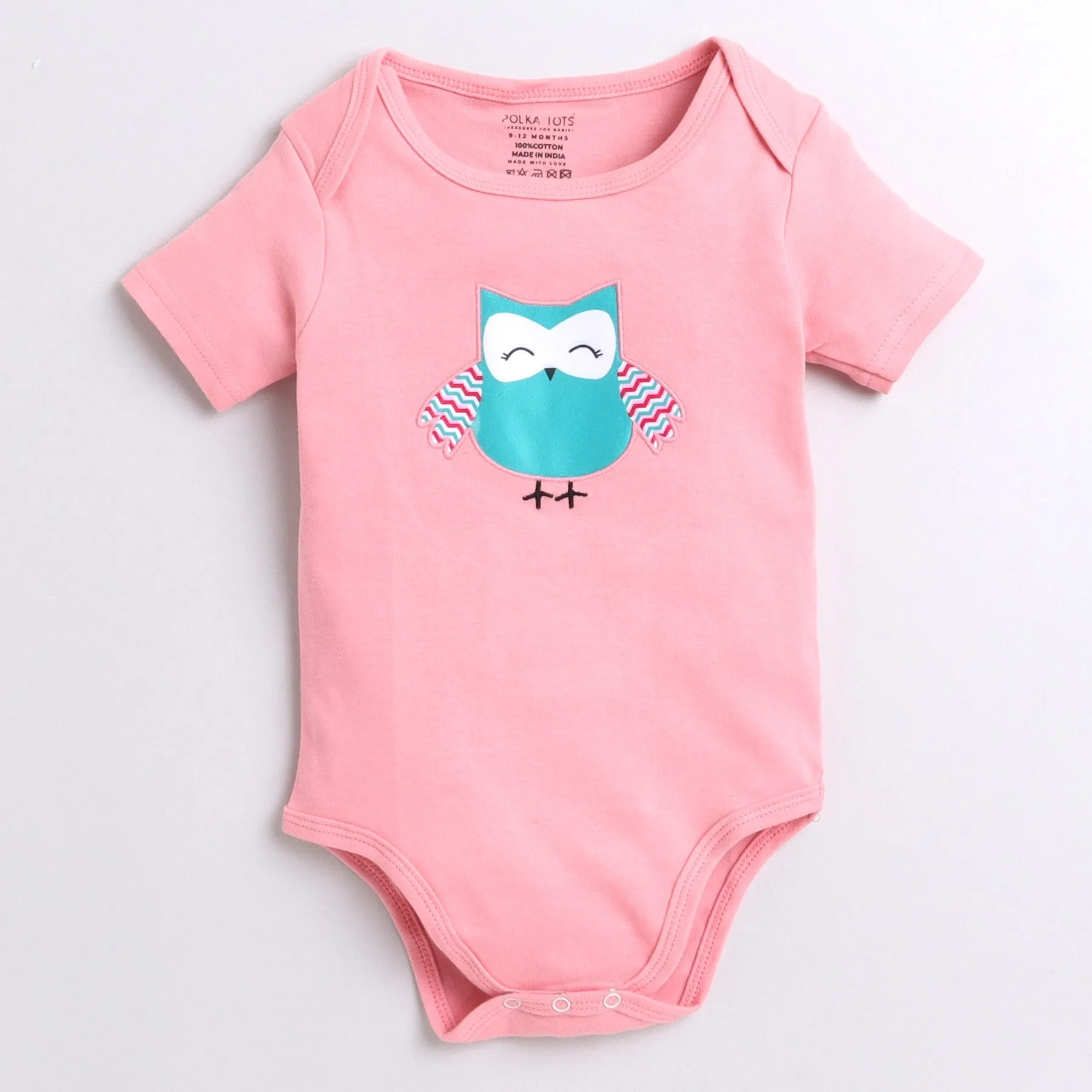 Polka Tots Owl applique Half Sleeve Onesie - Pink