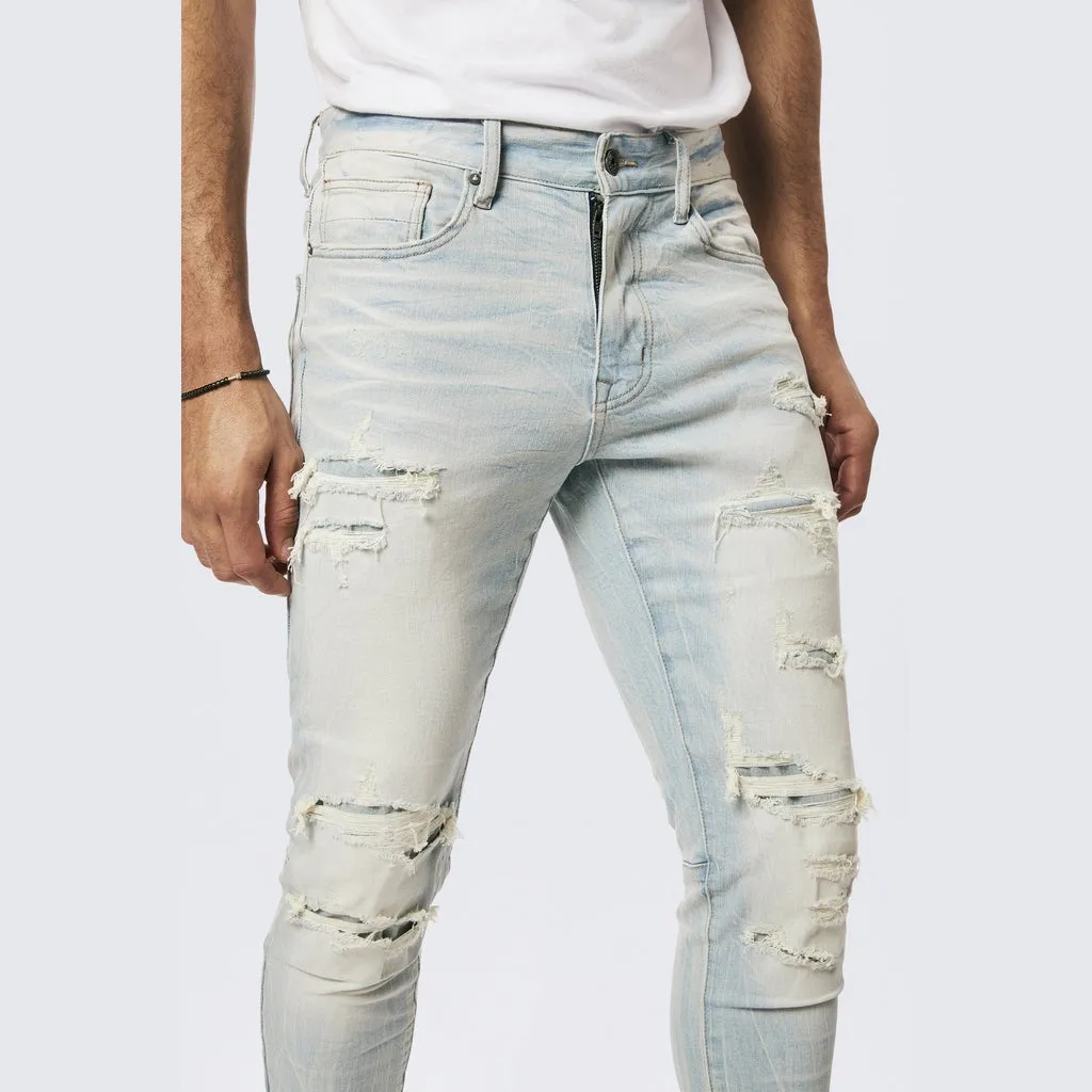 Rip & Repaired Color Slim Tapered Denim Jeans - Speckle Blue