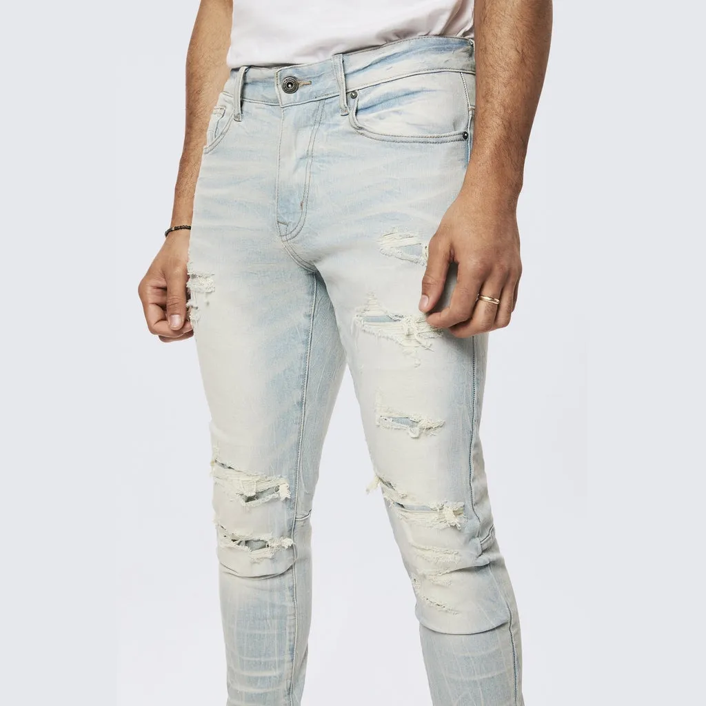 Rip & Repaired Color Slim Tapered Denim Jeans - Speckle Blue